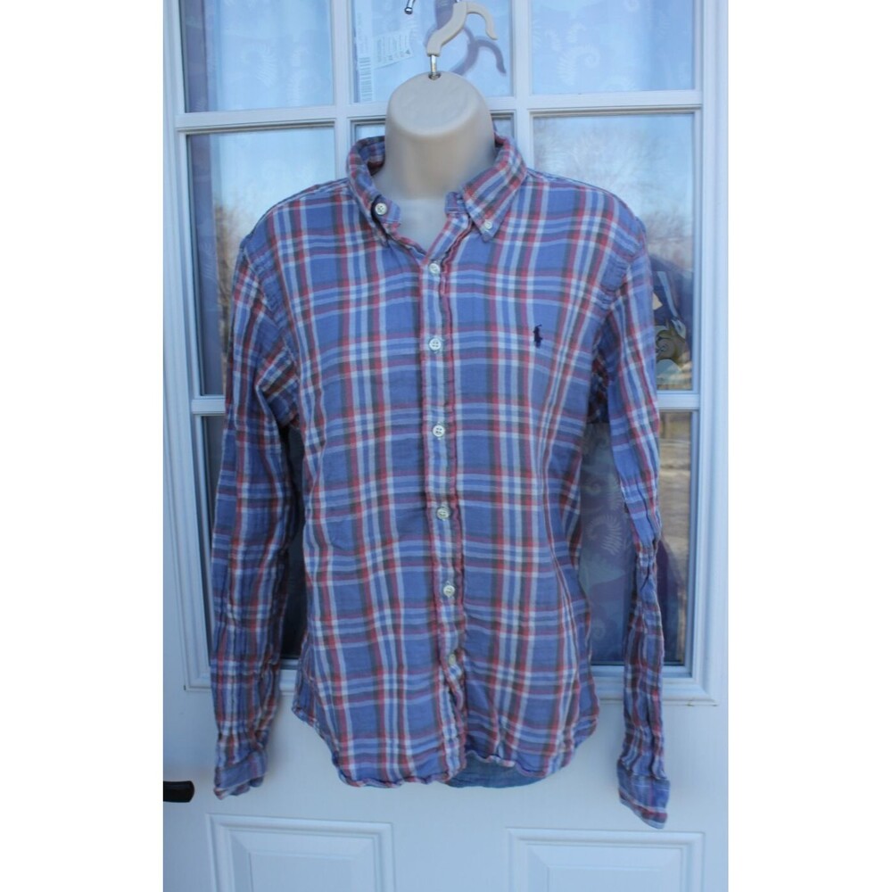 Polo Ralph Lauren Lghwght Shirt Blue Plaid Womens Medium Classic RL Untucked Fit